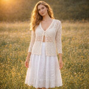 VTG Open Crochet Cardigan M Cream Beige Festival Boho 90s Y2K Cottagecore